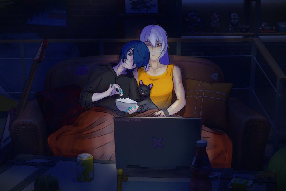 A digital art piece showing Soldier 11, Belle, and Inky on the couch in Belle’s room, watching a movie on the laptop in front of them. Belle is leaning on Soldier 11’s shoulder and eating popcorn, while Inky is sitting on Soldier 11’s lap curled between the two.