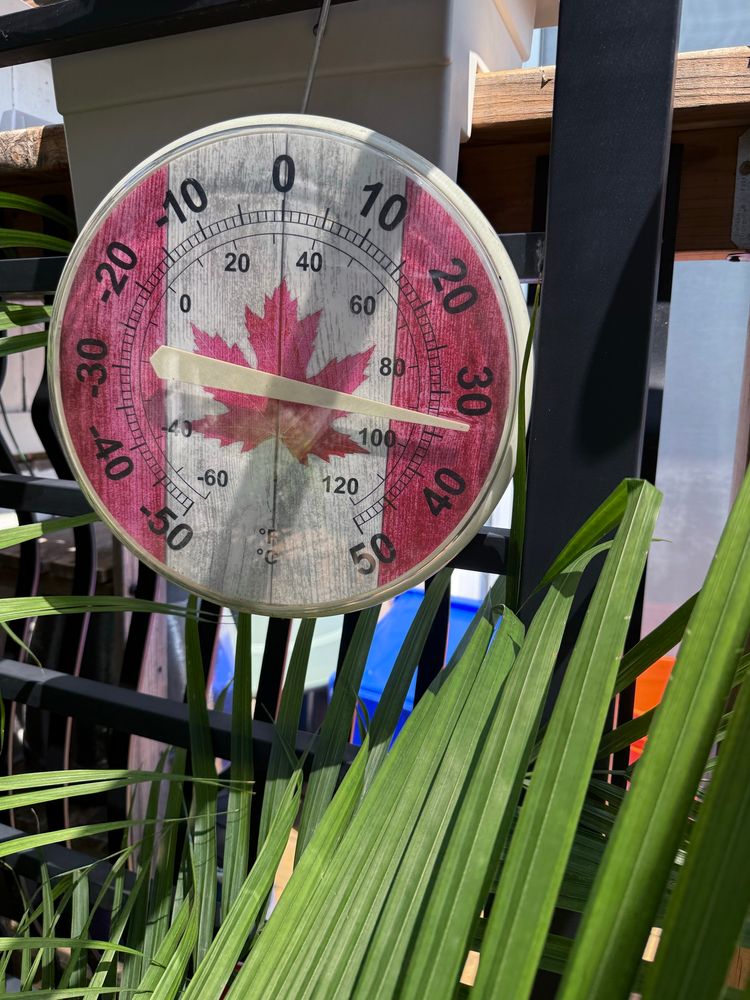 Outdoor round thermometer showing 32°C