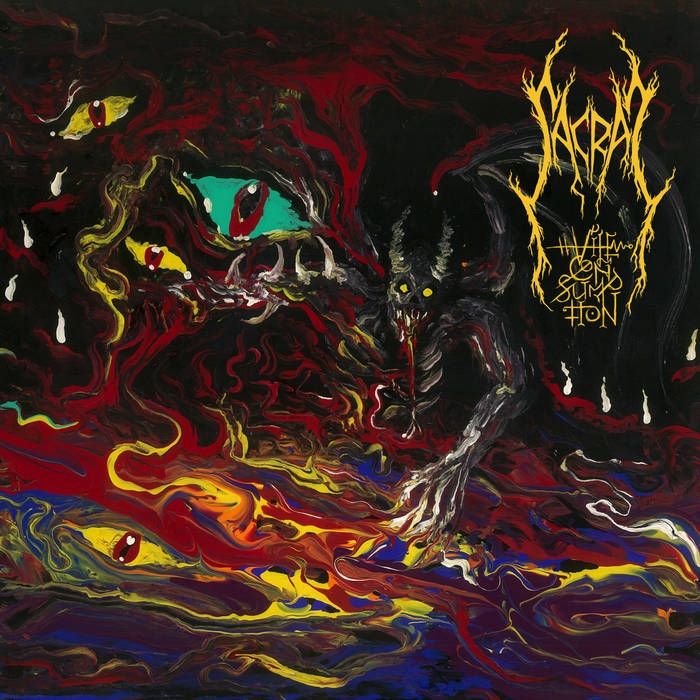 The album cover for "Vile Consumption" by Sacral, featuring a horned demon drooling as he caresses a psychedelic river of colors and eyes.