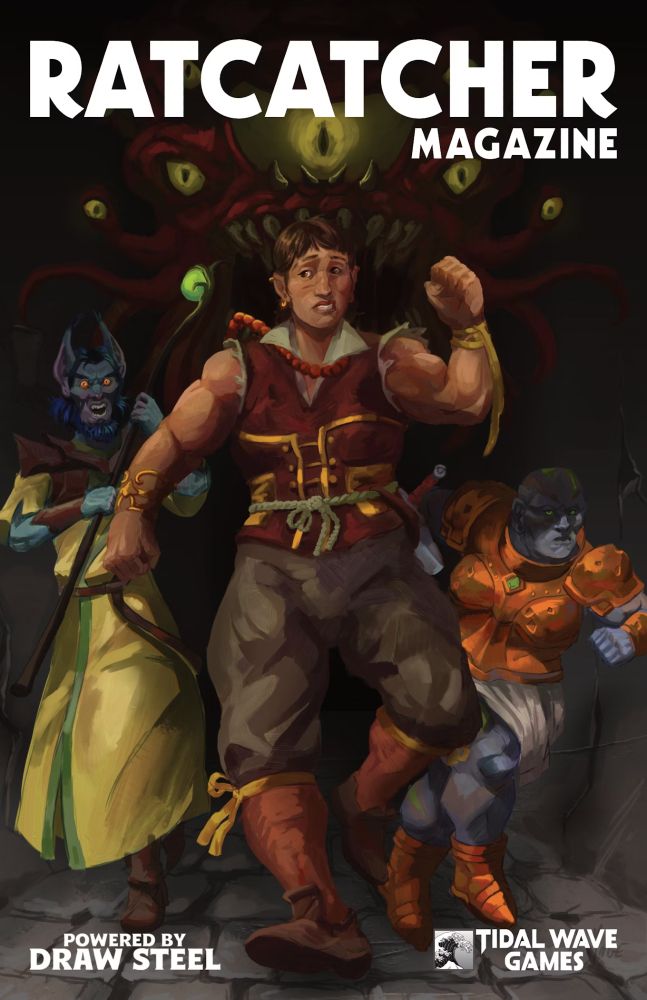 Ratcatcher Magazine 01 cover. A human, high elf and dwarf run away from an Overmind.