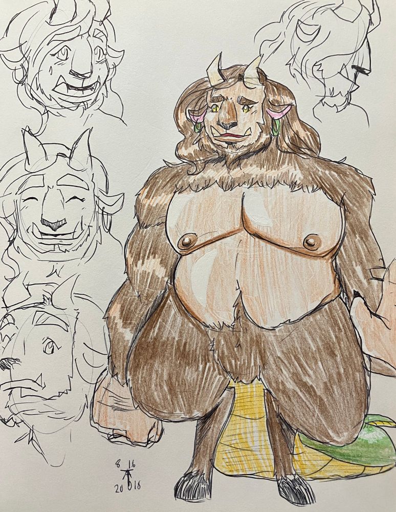 Pen sketches of a chimeric beast, with a gorilla-ish torso, goat legs, and a snake tail. One fully body sketch is colored with color pencil. Their hair is long and wavy, the same brown as their fur. They have earrings dangling from their goat like ears. They have two horns that curve back and two tusks protruding from their mouth. Their eyes are yellow and snakelike. Their expressions are sweet and bashful 🌌✨