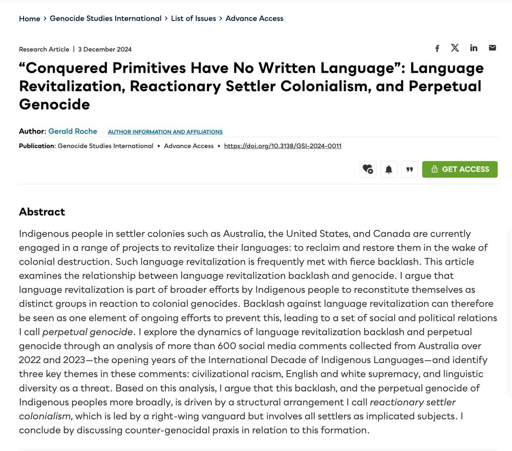 screencap from the website of an academic journal. The article title is "Conquered Primitives Have No Written Language": Language Revitalization, Reactionary Settler Colonialism, and Perpetual Genocide. For the article abstract, please visit: https://utppublishing.com/doi/10.3138/GSI-2024-0011