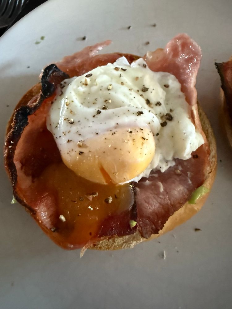 A rather ugly poached egg on bagel, avo and bacon. Still beautifully runny yolk though 