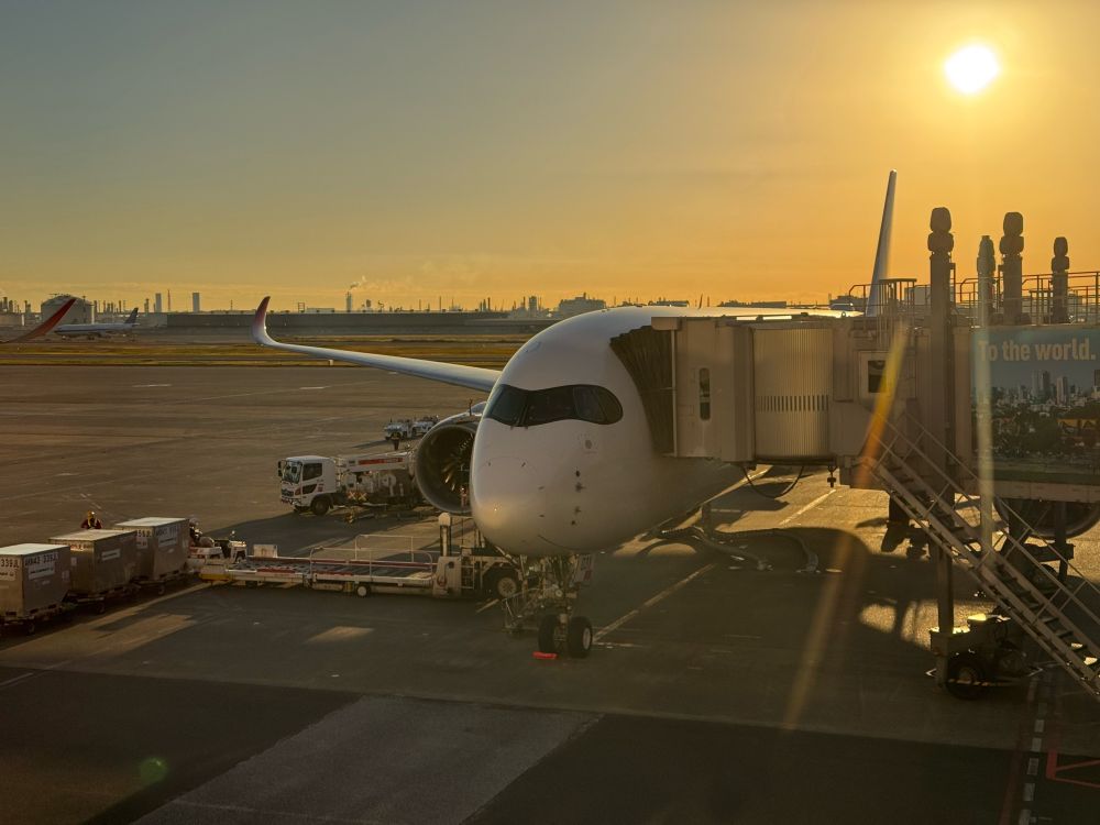 夕陽を背にした出発前のJAL921、A350機。