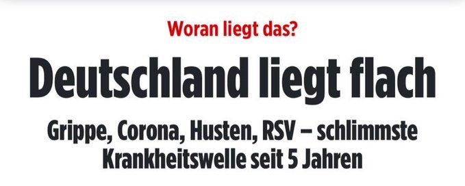 Woran liegt das?
Deutschland liegt flach
Grippe, Corona, Husten, RSV -
schlimmste Krankheitswelle seit 5 Jahren.