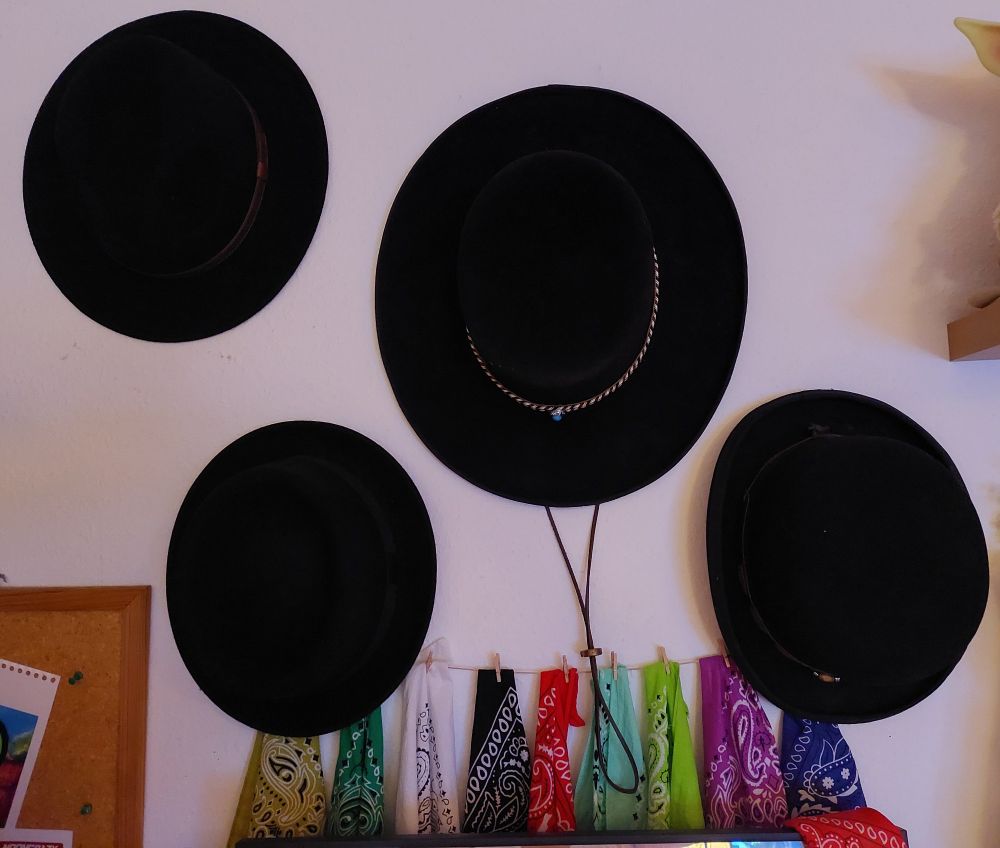 Wir Hüte, die an der Wand hängen und neun bandanas an einer Leine.