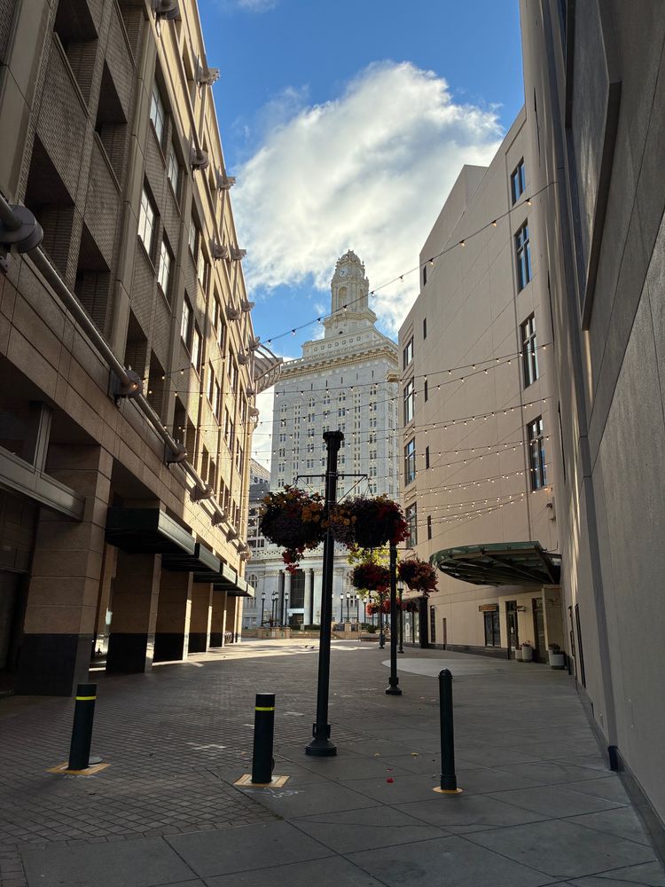 Oakland city hall seen through the 15th Street extension to Ogawa Plaza, flanked by high buildings, with strings of lights and planter baskets hung from high posts backed by a brilliant 7 pm summer sky with scattered white Bay clouds