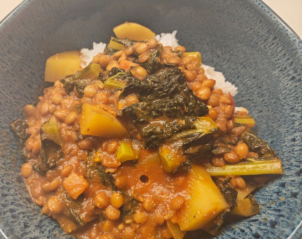 Blick von oben in eine blaue Schüssel, sie ist mit Reis und einer Mischung aus linsen, Kartoffeln und Schwarzkohl in Tomatensoße gefüllt 