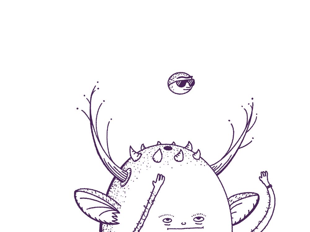 A drawing of a fella with horns and antlers reaching out for a smaller fella