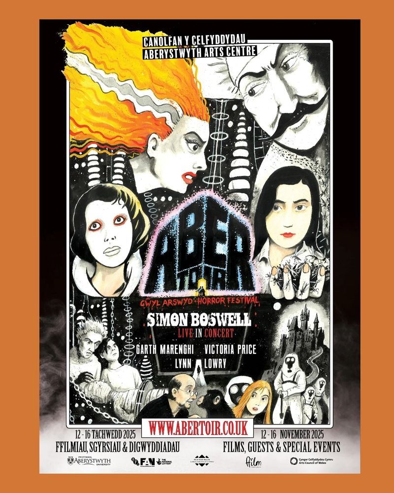 Abertoir 2025 poster featuring watercolour art of various horror characters, framed by plain orange background.