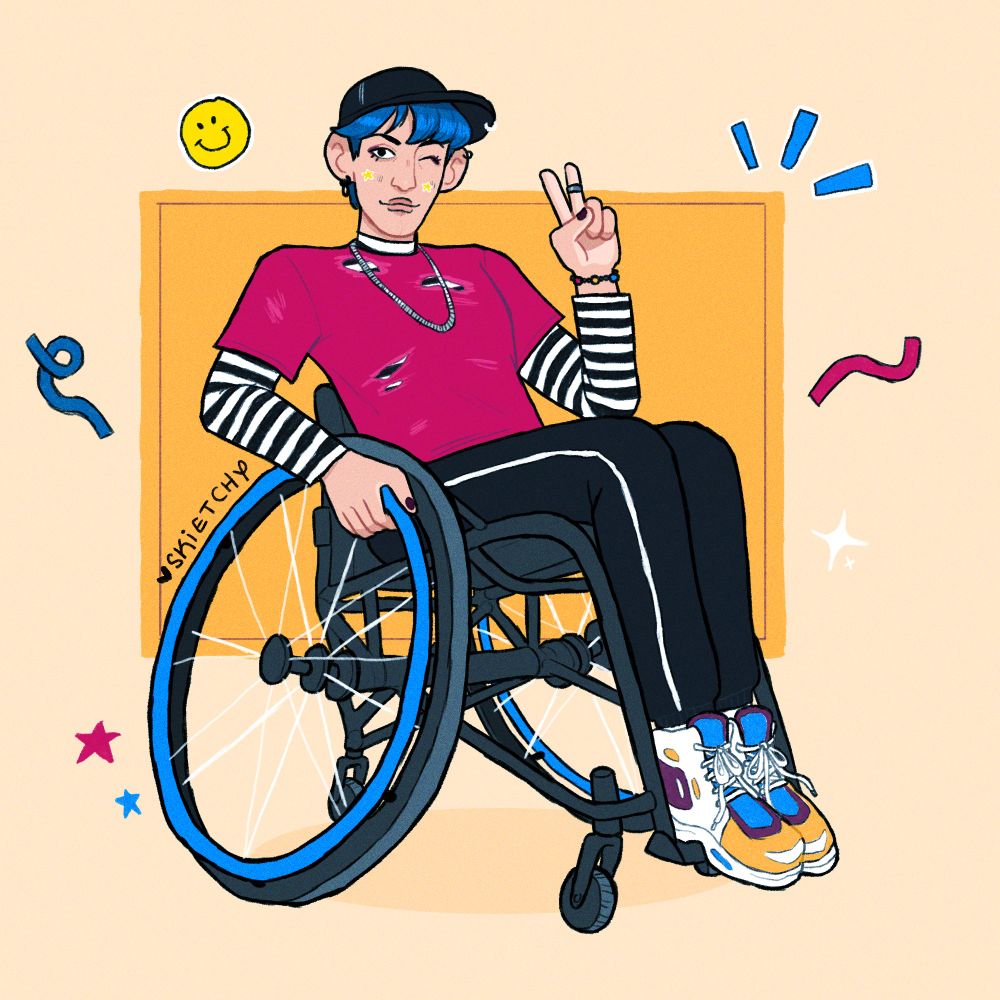 Illustration of a masc person in a wheelchair. Wearing a pink top over a black & white stripped shirt underneath, black trackies and trainers. They have blue hair and a black cap. They're doing the peace sign with their left hand
