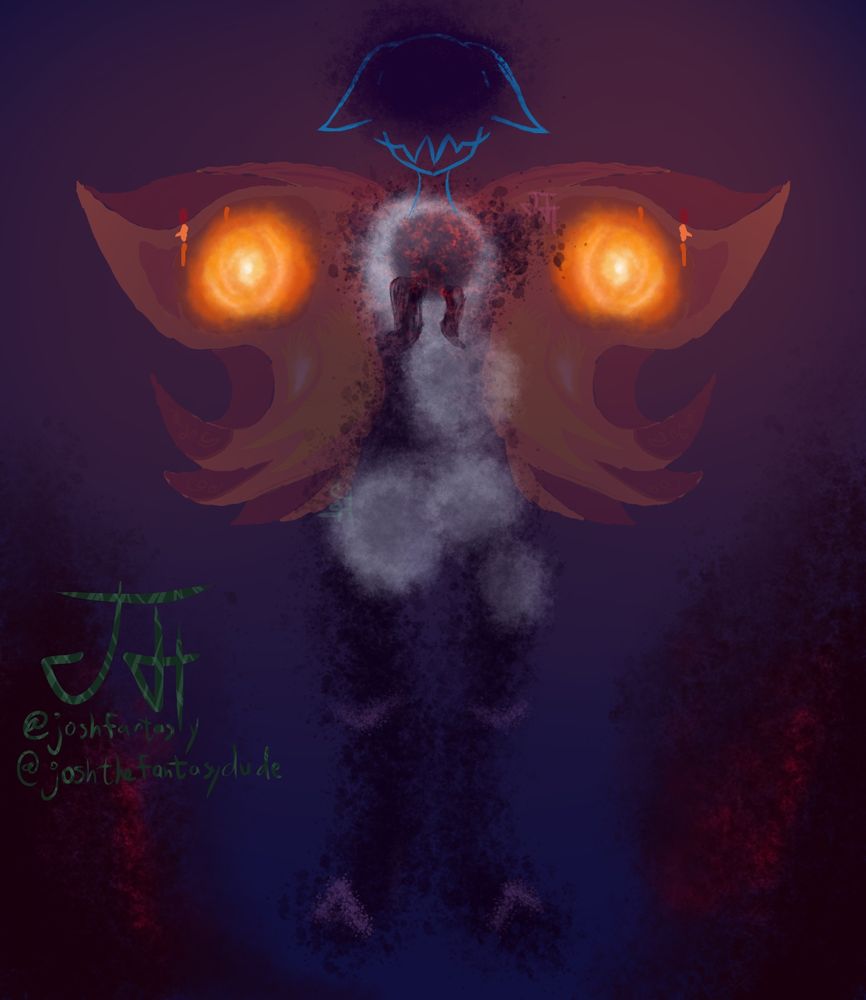 An alternate version of a drawing I haven't finished yet. A silhouette of a humanoid creature with wings of fire and covered eyes. Two bright sun spots sit on either side of the figure. Its chest cavity is hollow.