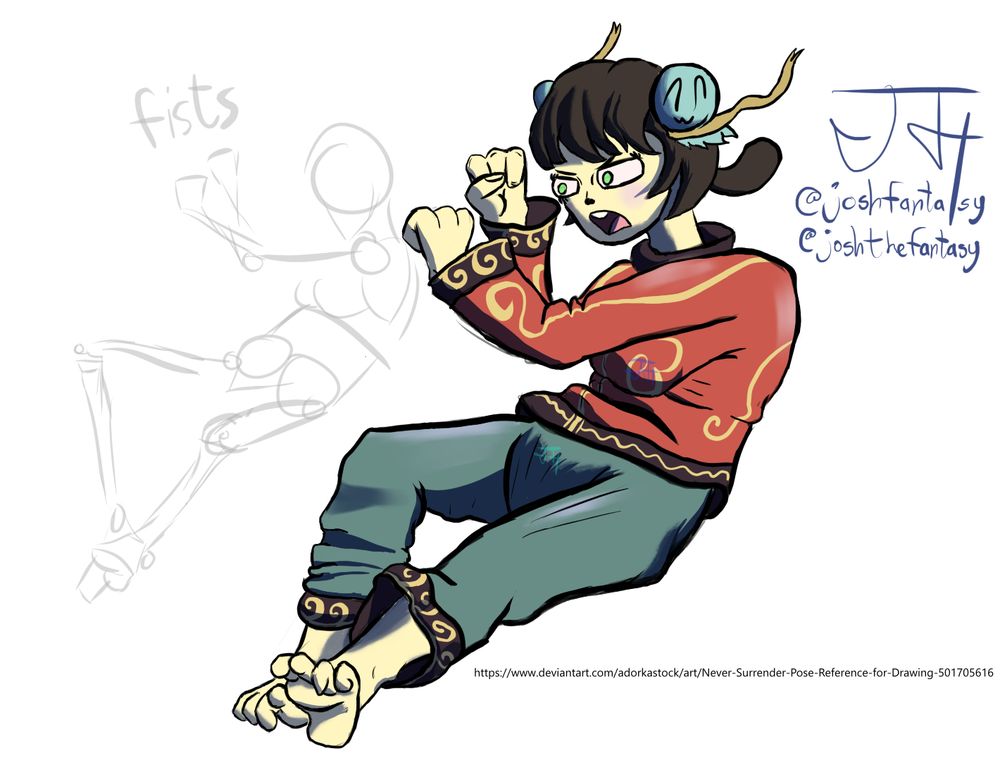 Doorable's character Kabi is lunging at an unknown target. An early-on sketch of the pose's skeleton is shown at a low opacity in the background. The URL to the pose used is shown: https://www.deviantart.com/adorkastock/art/Never-Surrender-Pose-Reference-For-Drawing-501705616. The shading is imperfect but I'm pretty proud of this one.