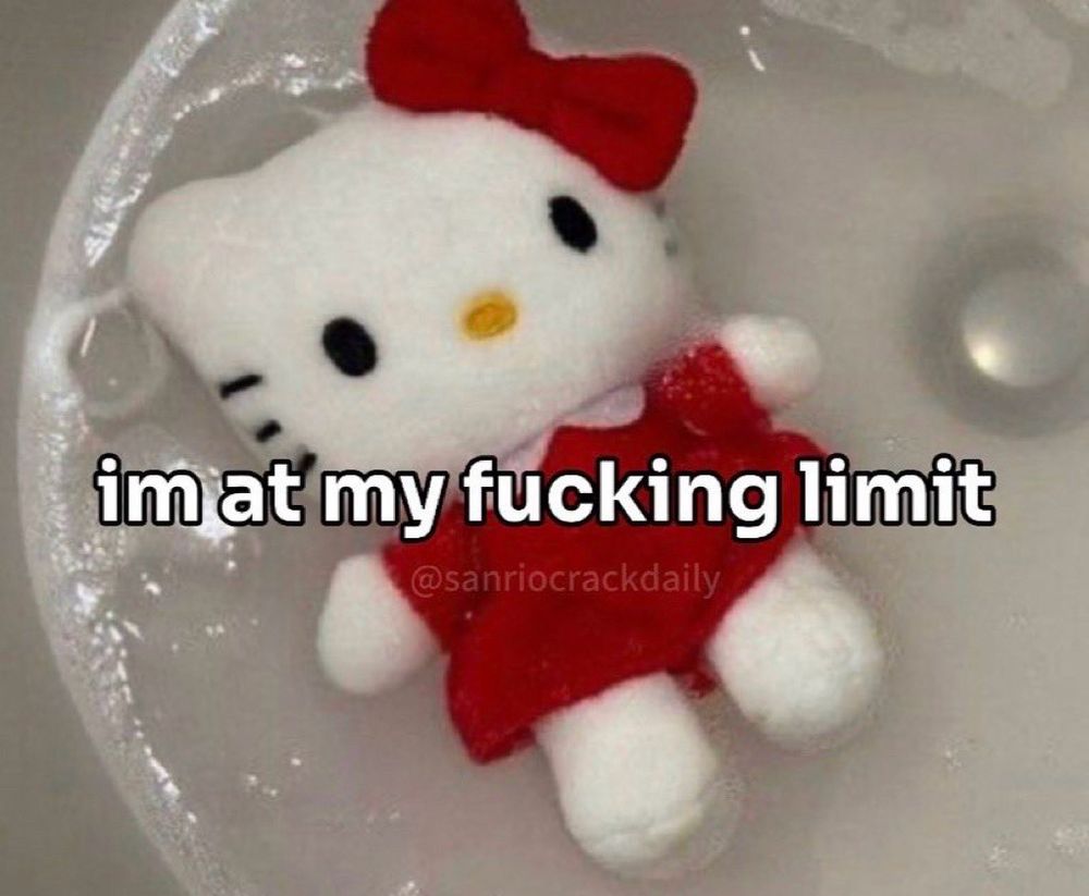 Hello kitty plush doll in a floating in a sink with water with text that reads “I’m at my fucking limit” so show a new level of “I’m over it” 