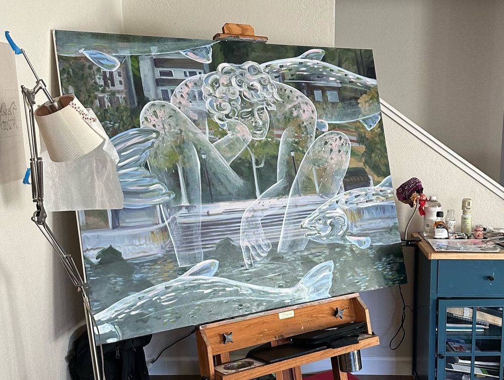 A painting on an easel of a large ghostly figure with 5 ghostly fish swimming by a landscape of the locks in Seattle.