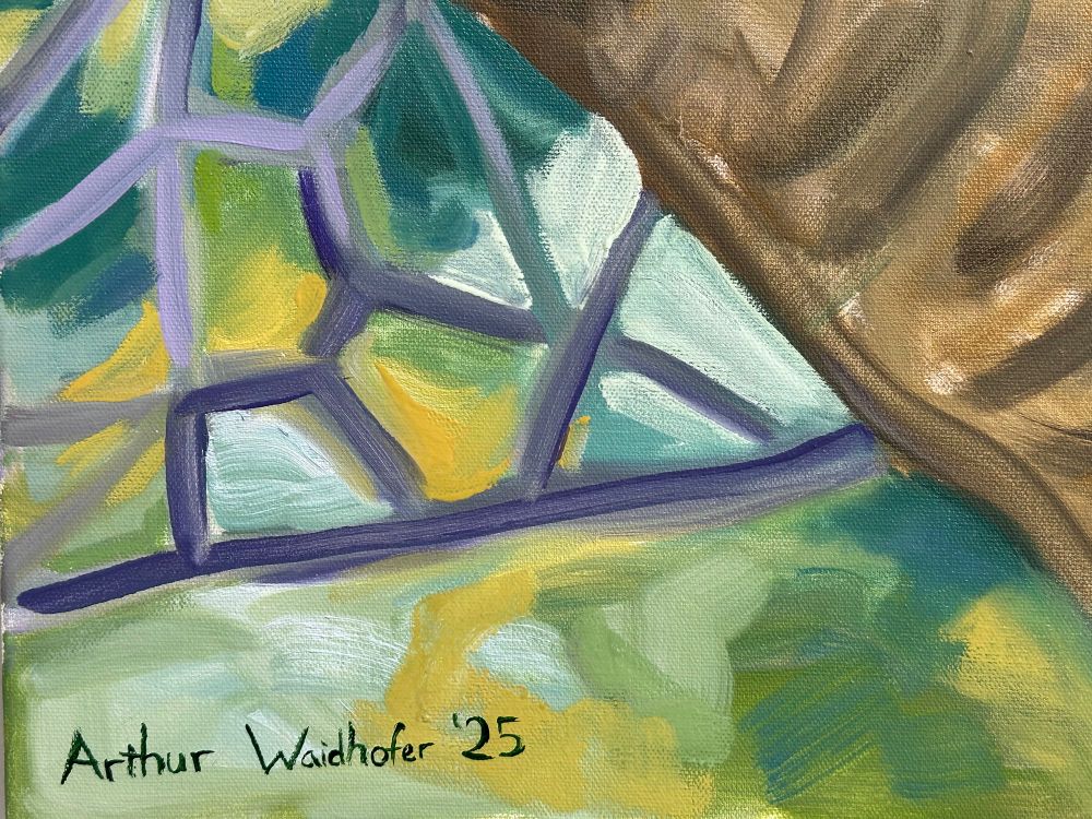 Detail shot of artist signature over a bled of yellows to deep greens