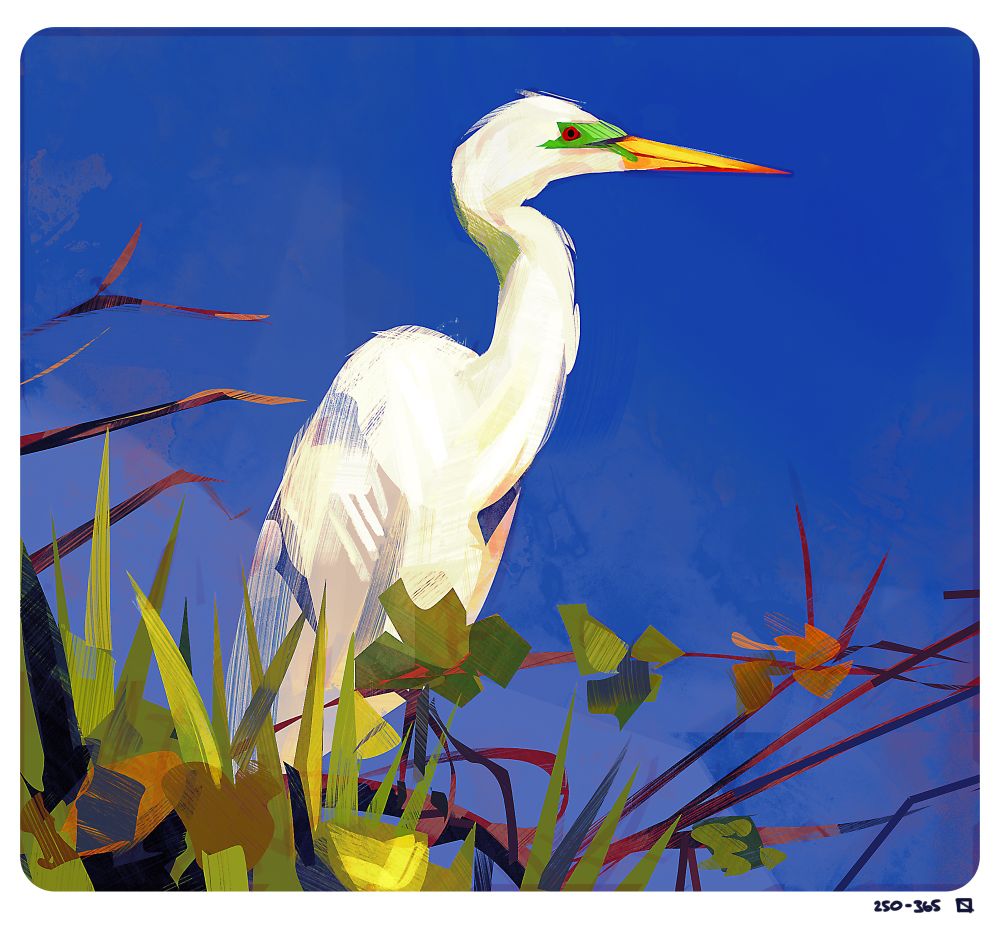 Painting of a red eyed heron on a vibrant blue sky.