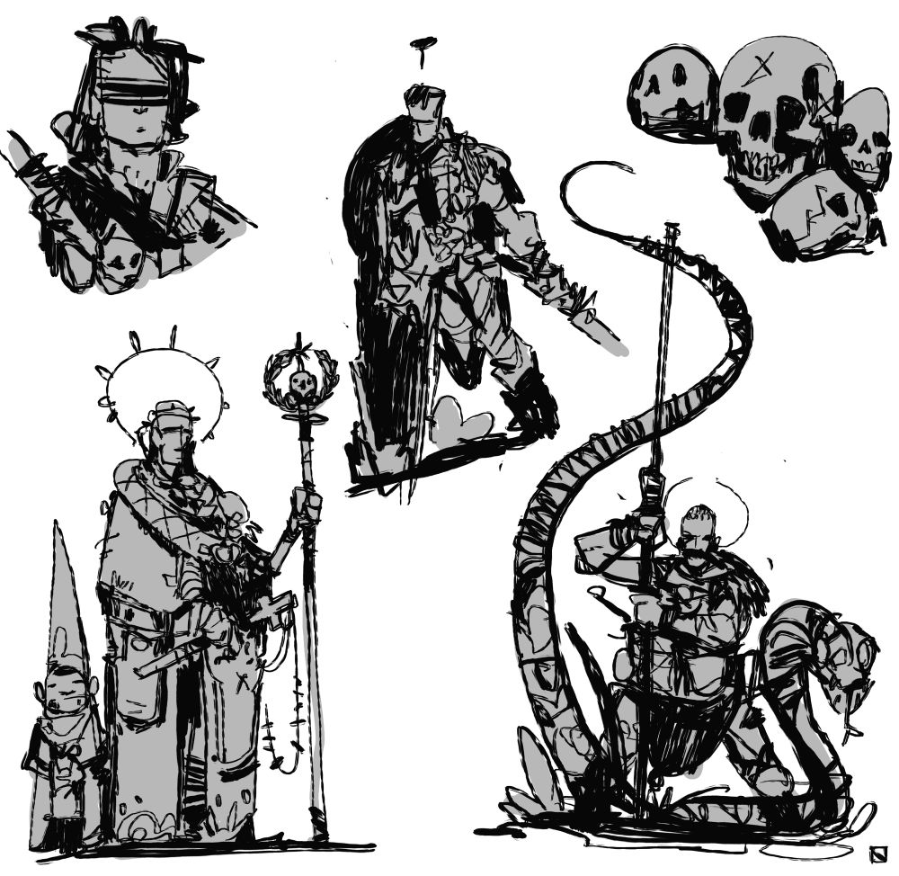 Some ink doodles of some priests and various medieval fantasy warriors 
