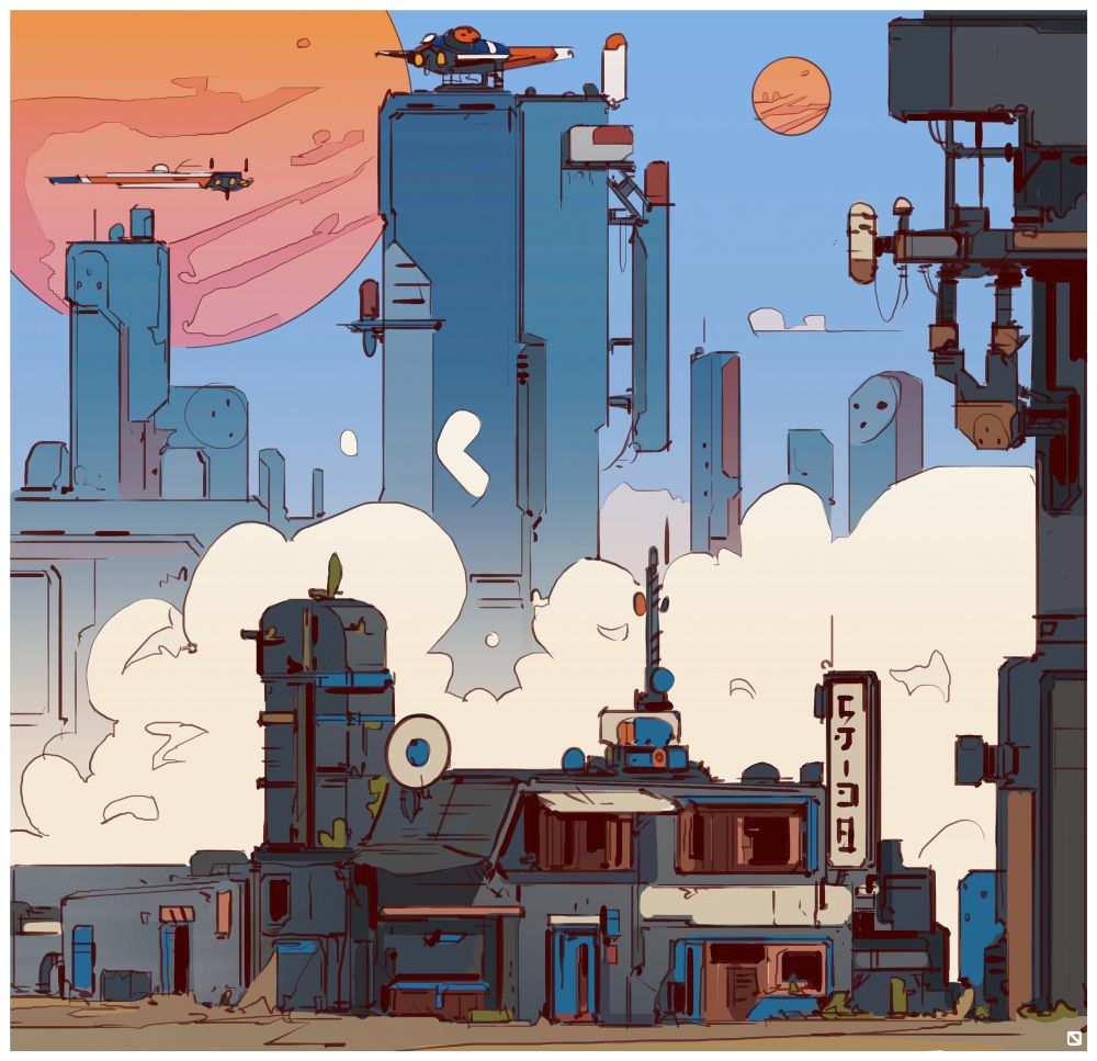 Sketch of a tumbled down sci fi building with a larger space port city in the background.