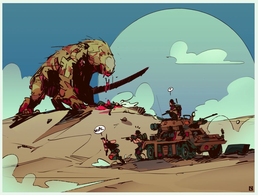 A beast overlooking a special forces unit. One of them running away saying “Nope!”