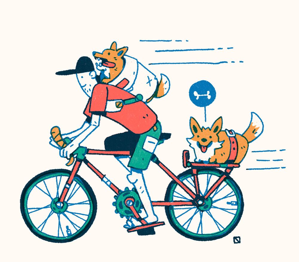 A corgis delivery man on a bike. 
Illustrated in a risograph style.