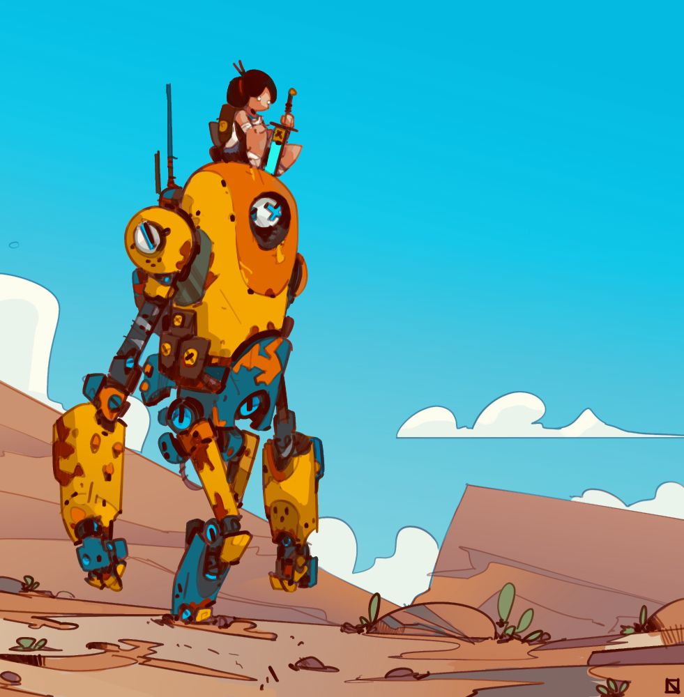 Illustration of a yellow robot walking through the desert with a girl on top holding an energy sword.