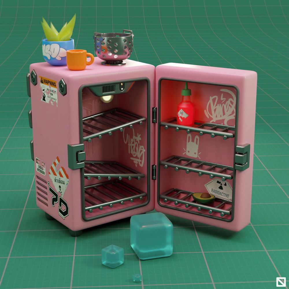 Little 3d model of a little pink fridge will a bottle of glowing sriracha in it.