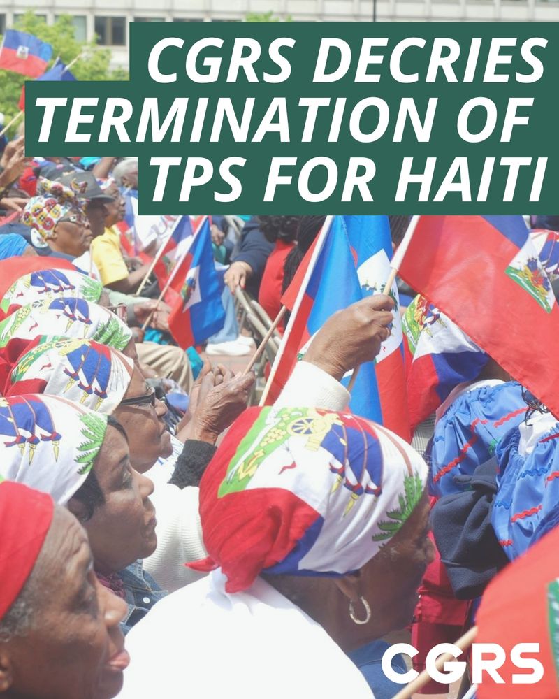 Photo of women waving Haitian flags. Overlay text reads, "CGRS Decries Termination of TPS for Haiti"