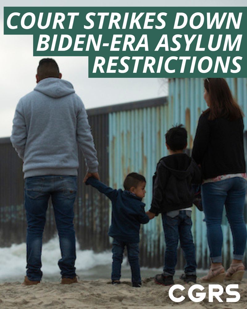 Photo of family at border fence. Overlay text reads, "Court Strikes Down Biden-Era Asylum Restrictions"