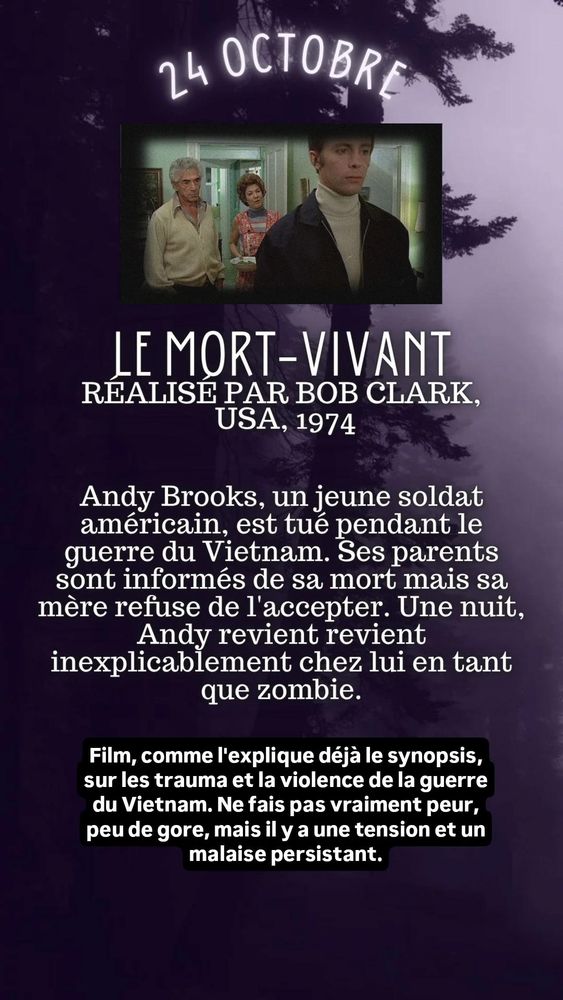 LE MORT-VIVANT, réalisé par Bob Clark, USA, 1974. Un jeune soldat tué pendant la guerre du Vietnam revient chez lui.