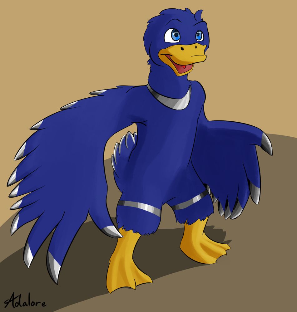 Devmon's blue duck fursona as drawn by Adalore.