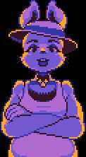 The shopkeeper from Undertale's Snowdin location. A purple bunny wearing a hat with orange exterior lighting.