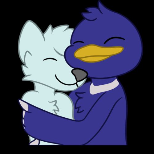 Devmon Duck hugging a YCH (Your Character Here) substitute.