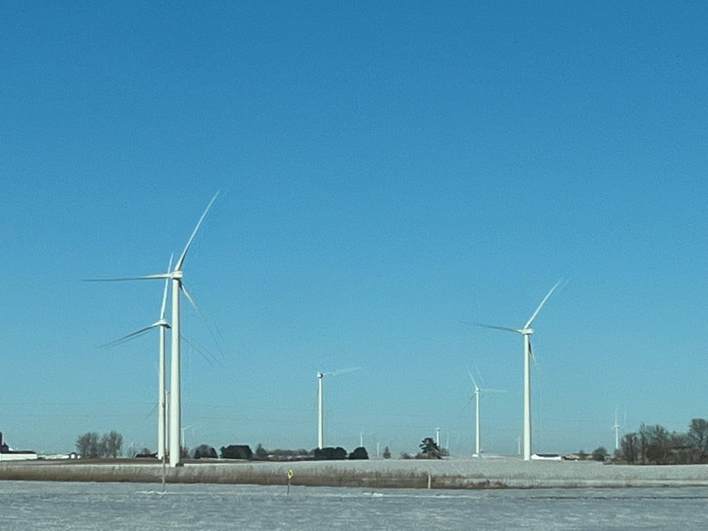 Wind turbines in central Illinois.  Sunnt, but cold, day.  No wind so the blades weren't moving.