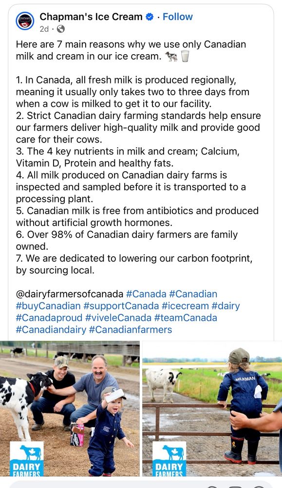 The pictures show farmers and a small child with a calf and cow on a dairy farm in Canada