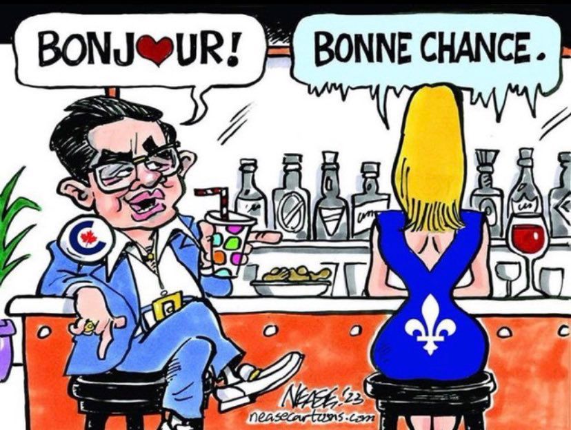 Pierre Poilievre in a bar trying to woo a Québécoise and she’s giving him the cold shoulder 