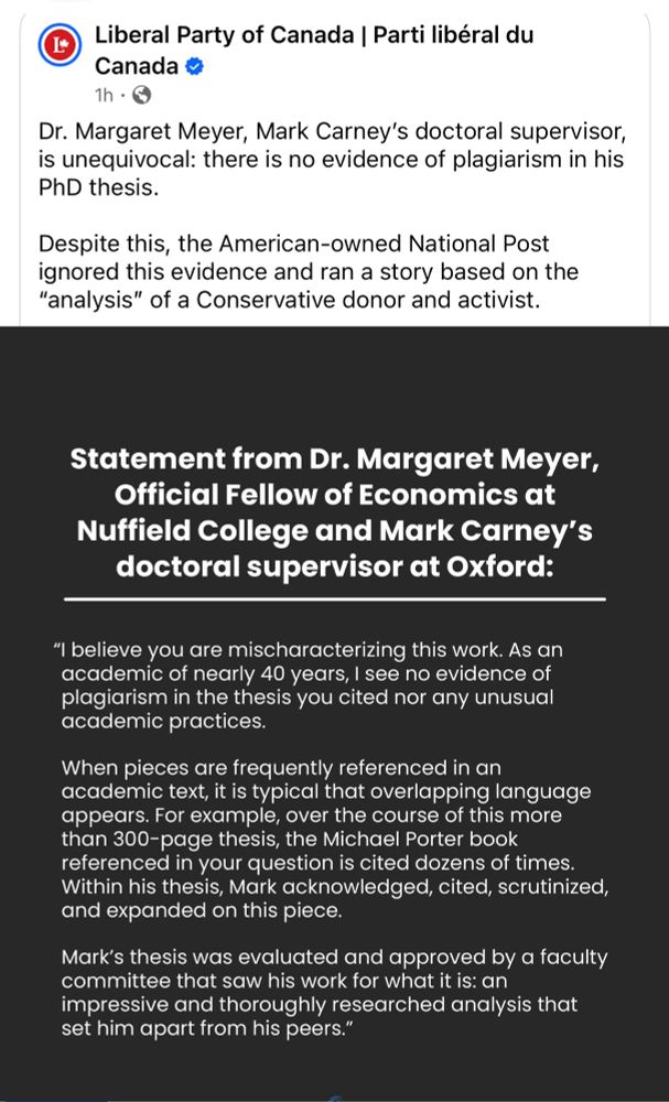 This is a statement from Mark Carney’s doctoral supervisor at Oxford refuting a Conservative donor and activist’s statements that Mark’s thesis was plagiarized 