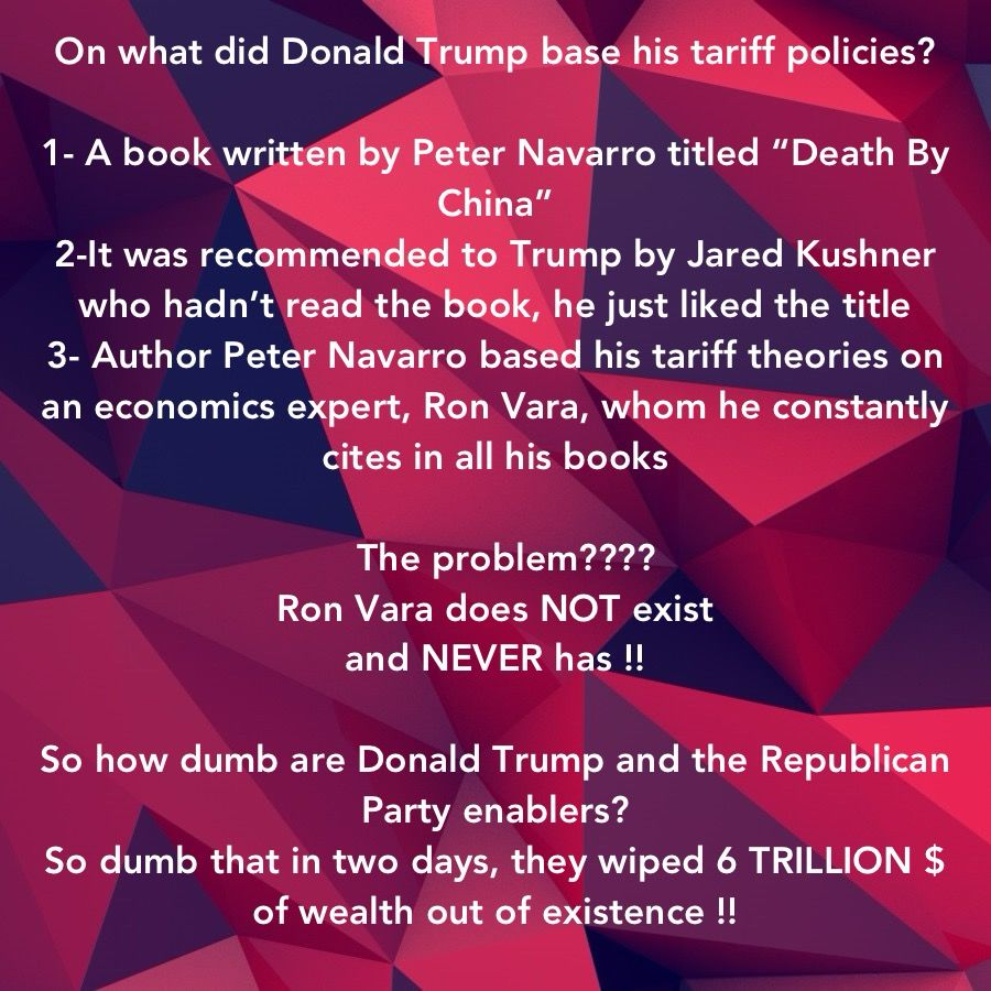 On a background of blue and red geometric figures is an explanation of how Trump developed his theory on tariffs