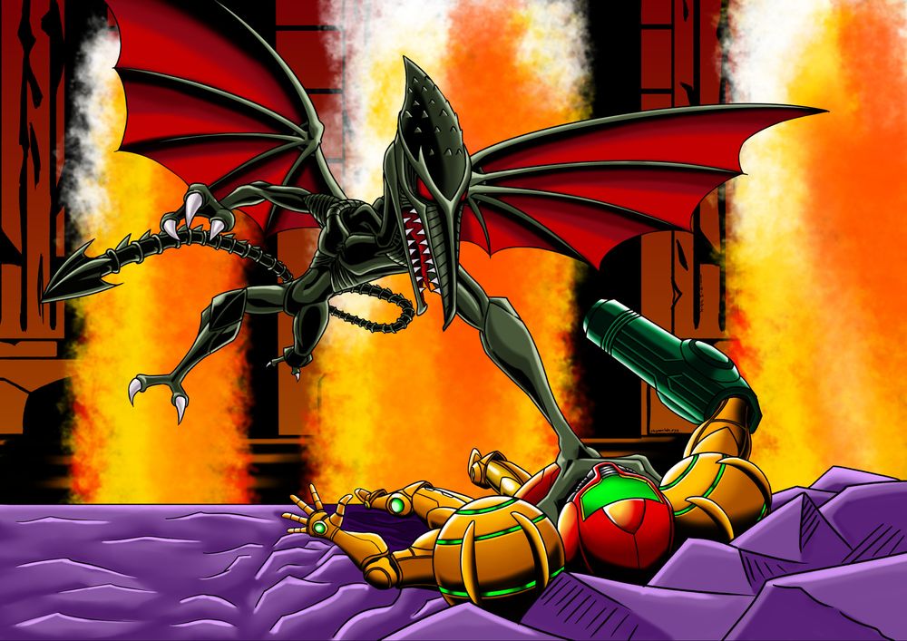 Ridley grabbing Samus by the neck and dragging her across the ground