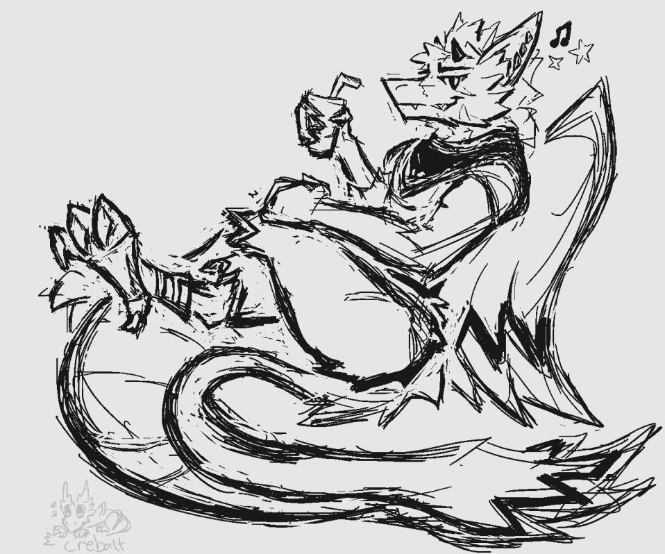 Alsnapz relaxing, propped up on his tail and vaguely posed like Lowry from Mystery of the Druids