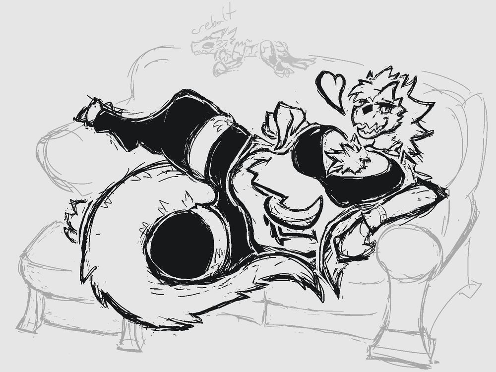Khishu lounging on a couch, pointing at her bellymaw suggestively