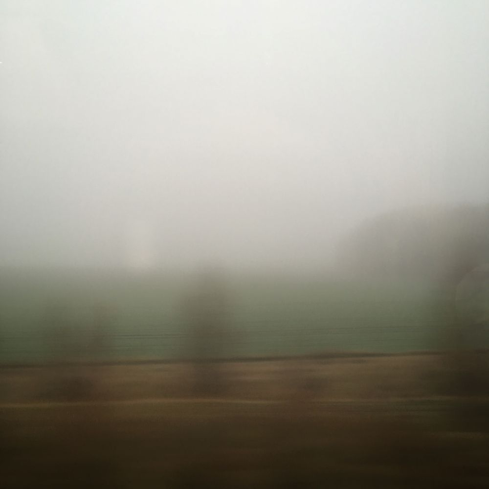 Landschaft im Nebel aus einem fahrenden Zug. 