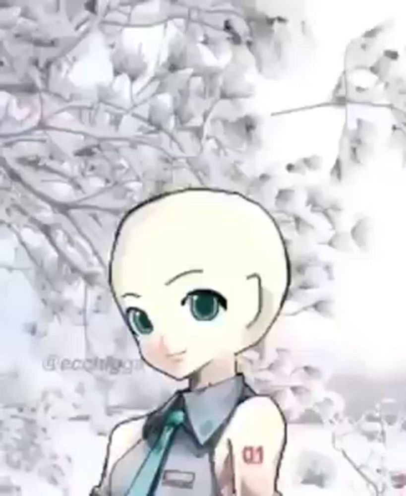 a bald anime girl with blue eyes and a tie is standing in the snow .