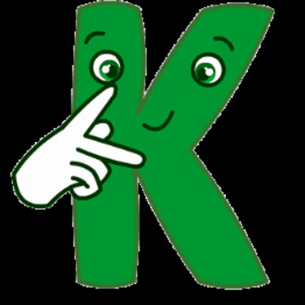 a green letter k has a face and a hand pointing at it