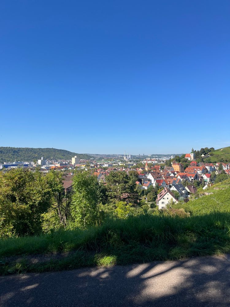 Blick über Stuttgart-Obertürkheim an einem klaren, sonnigen Tag. Im Vordergrund grüne Wiesen und Bäume, dahinter ein Wohngebiet mit roten Dächern und einer Kirche. Im Hintergrund sieht man die Industrieanlagen und die Stadt im Neckartal, umrahmt von bewaldeten Hügeln unter strahlend blauem Himmel.