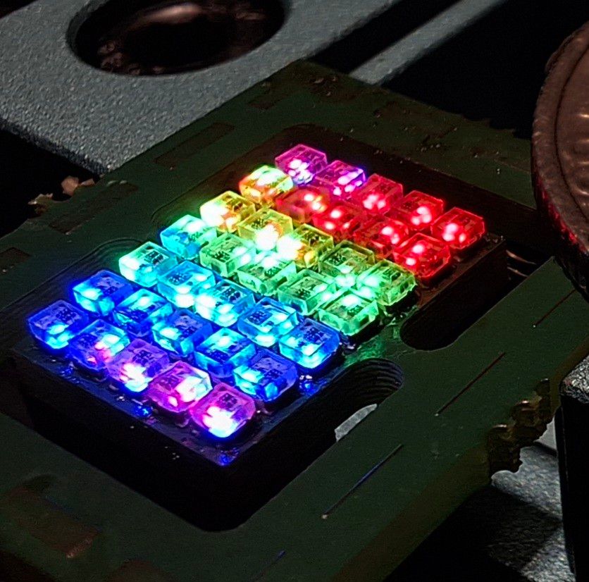 Little PCB (8 by 11 mm) with 35 RGB LEDs on it