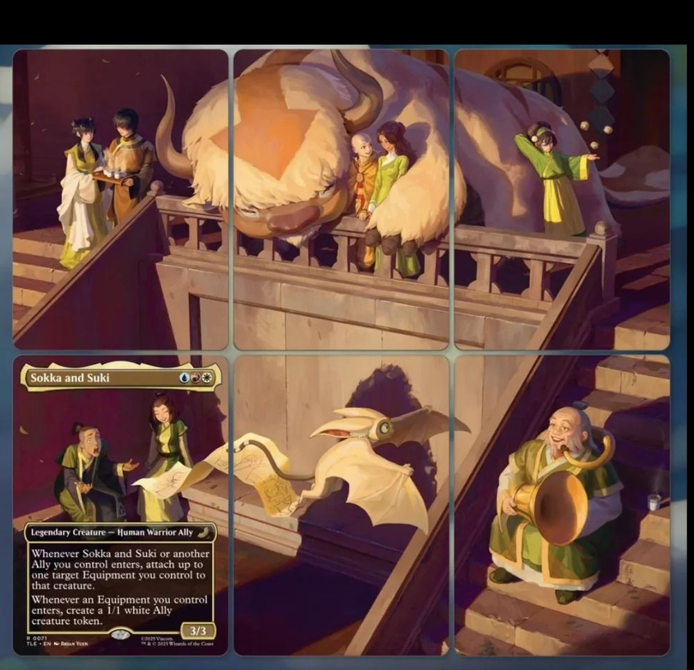 6 Magic Karten, die zusammen ein Bild ergeben, das alle wichtigen Protagonisten der Serie Avater - Der Herr der Elemente zeigt. Entweder alleine oder in relevanten Paaren.