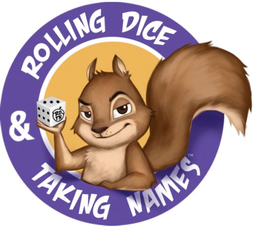 A brown squirrel leaning on the purple outer ring of the logo holding a d6 with the text "Rolling Dice & Taking Names"