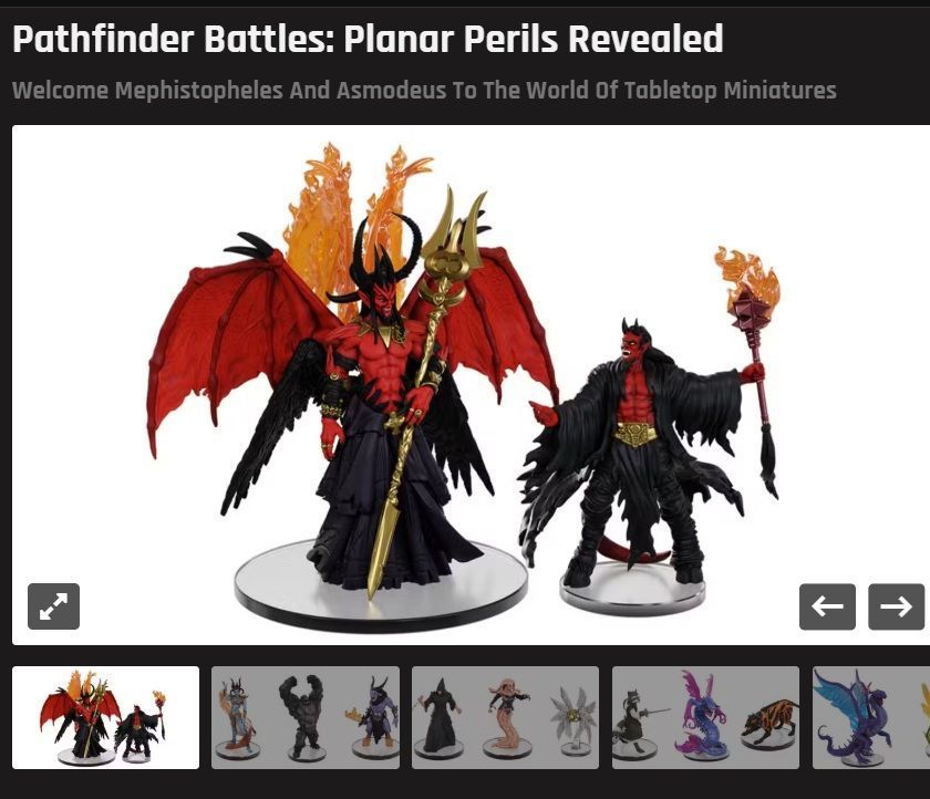 Screenshot of part of TheGamer article, with pictures of several miniatures. The highlighted ones are of Mephistopheles and Asmodeus. Text at the top reads "Pathfinder Battles: Planar Perils Revealed Welcome Mephistopheles and Asmodeus to the World of Tabletop Miniatures"
