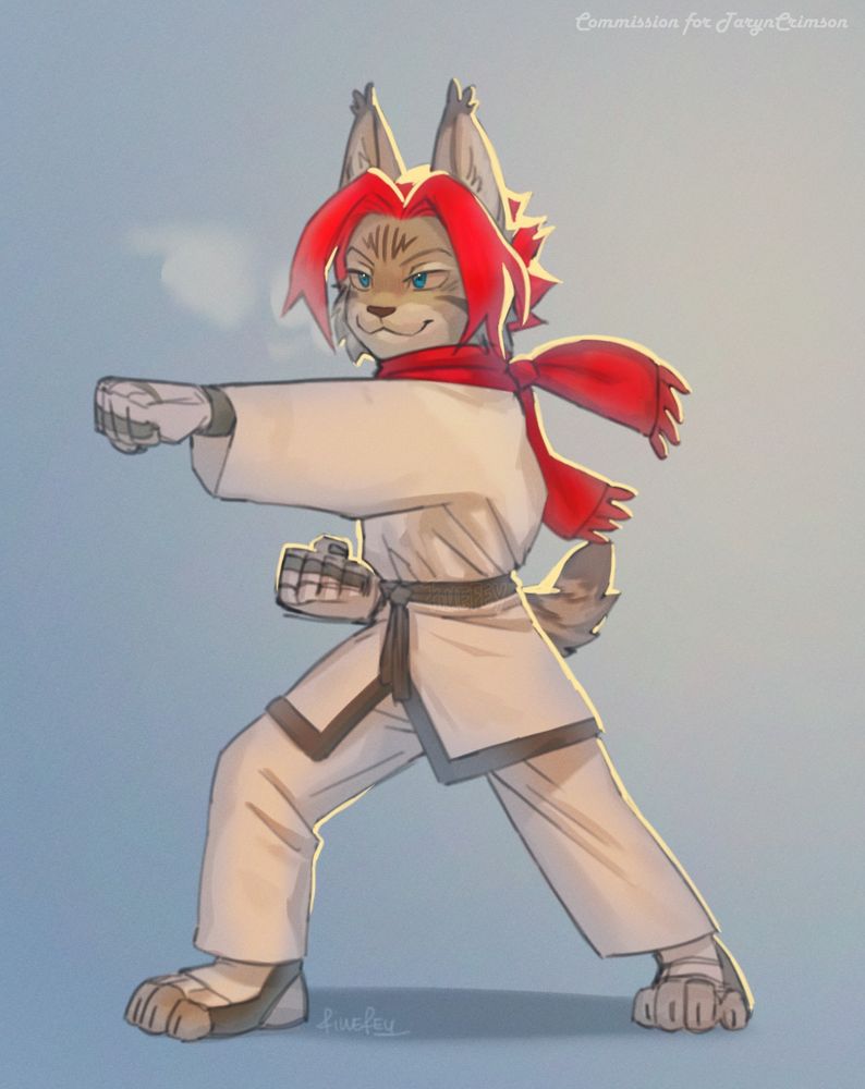 Digital illustration of a lynx character in Taekwondo attire striking a pose, wearing a scarf with breath visible in the crisp, cold morning air